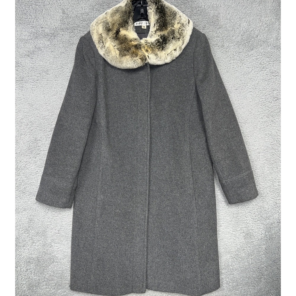 Larry Levine Over Coat Women's Sz 14 Gray Wool Cashmere Blend‎ Rabbit Fur Collar